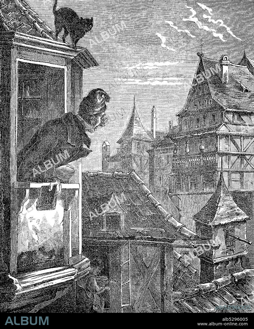 Man looks out the window at a violin player in the house next door  /  Mann schaut aus dem Fenster auf einen Geigenspieler im Nachbarhaus, Reproduction of an original 19th century print / Reproduktion von einem Originaldruck aus dem 19. Jahrhundert.