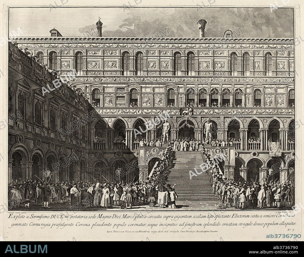 GIOVANNI BATTISTA BRUSTOLON AFTER CANALETTO. The Doge Crowned on the Scala dei Giganti of the Ducal Palace. Dated: 1763/1766. Dimensions: plate: 44.3 x 56.1 cm (17 7/16 x 22 1/16 in.)  sheet: 50.2 x 68.1 cm (19 3/4 x 26 13/16 in.). Medium: etching and engraving on laid paper.