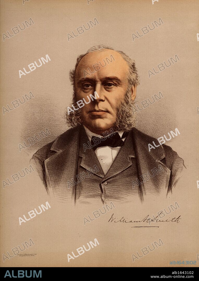 William Henry Smith (1825-1891), son of William Henry Smith (1792-1865), English businessman and politician. He joined his father's newsagent business in 1846 and introduced the selling of books and newspapers at railway stations. Elected Conservative Member of Parliament for Westminster in 1868. In 1877 he was appointed First Lord of the Admiralty and is caricatured as Sir Joseph Porter who, in the Gilbert and Sullivan operetta "HMS Pinafore", sings 'I always voted at my party's call,/And I never thought for myself at all./I thought so little, they rewarded me/By making me the Ruler of the Queen's Navee."   During his three years is this position he was known as Pinafore Smith.   From "The Modern Portrait Gallery" (London, c1880). Tinted lithograph.    (Photo by: Universal History Archive/UIG via Getty Images).