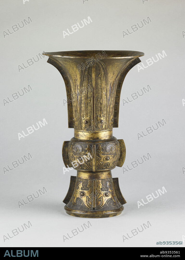 Vase in the Form of an Archaistic Wine Vessel (zun), Hu Wenming, Chinese, active c.15721620, Ming dynasty, 13681644, Wanli period, 15731619, 1599, Bronze with gilding, Made in China, Asia, Containers, metalwork, 10 3/8 x 6 3/4 in. (26.4 x 17.1 cm).