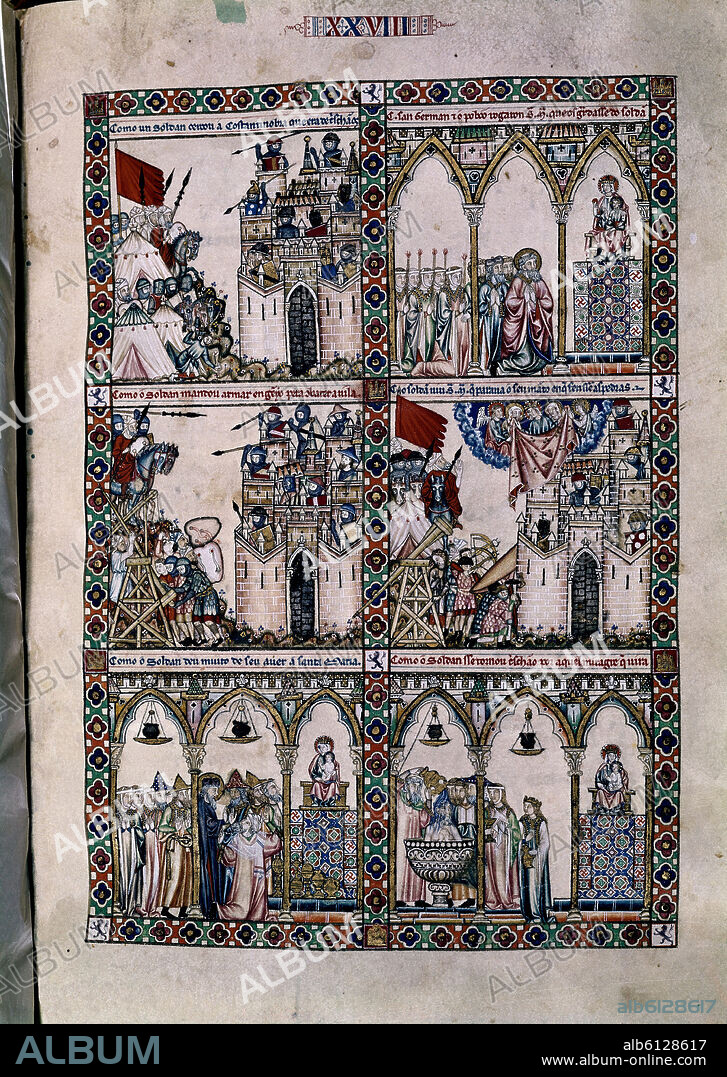 ALFONSO X DE CASTILLA EL SABIO. MTI1-CANTIGA STA MARIA- Nº 28 -FOL 43 R-LA VIRGEN DEFIENDE CONSTANTINOPLA DE LOS MOROS- S XIII.