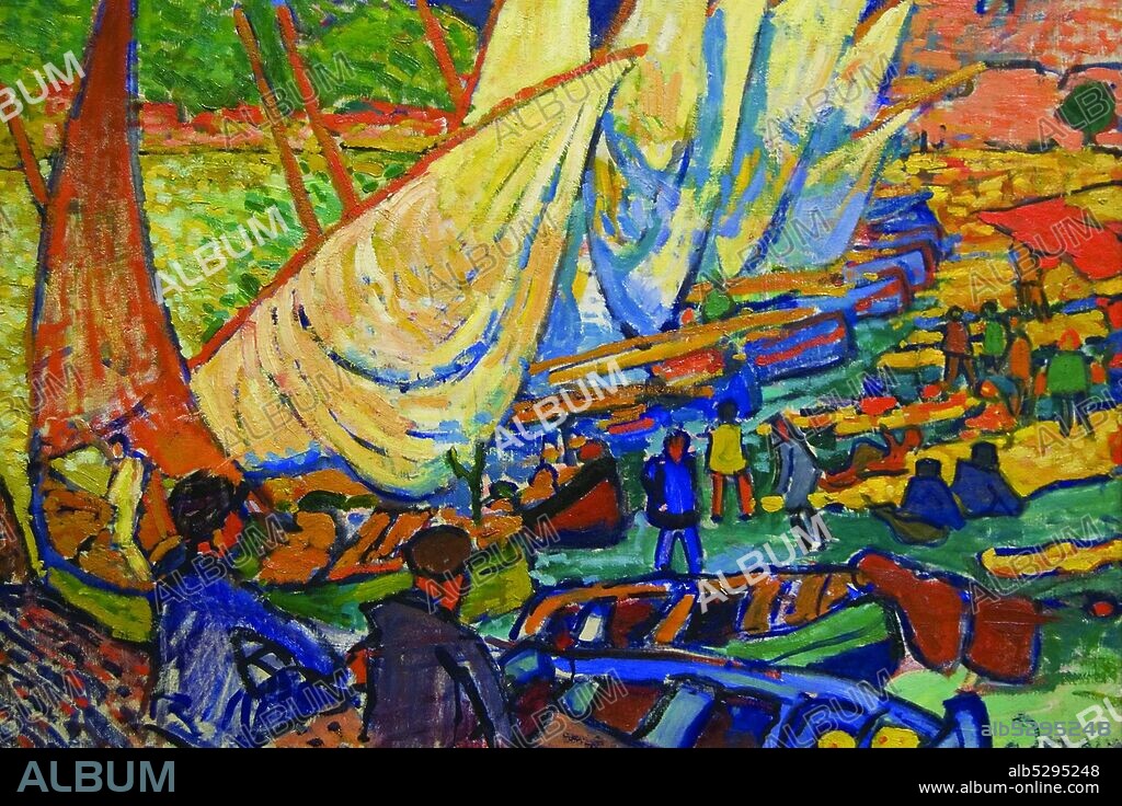 ANDRÉ DERAIN. Impressionist image of the boats and people lined up at the shore at Collioure.  André Derain (10 June 1880 – 8 September 1954) was a French artist, painter, sculptor and co-founder of Fauvism with Henri Matisse..