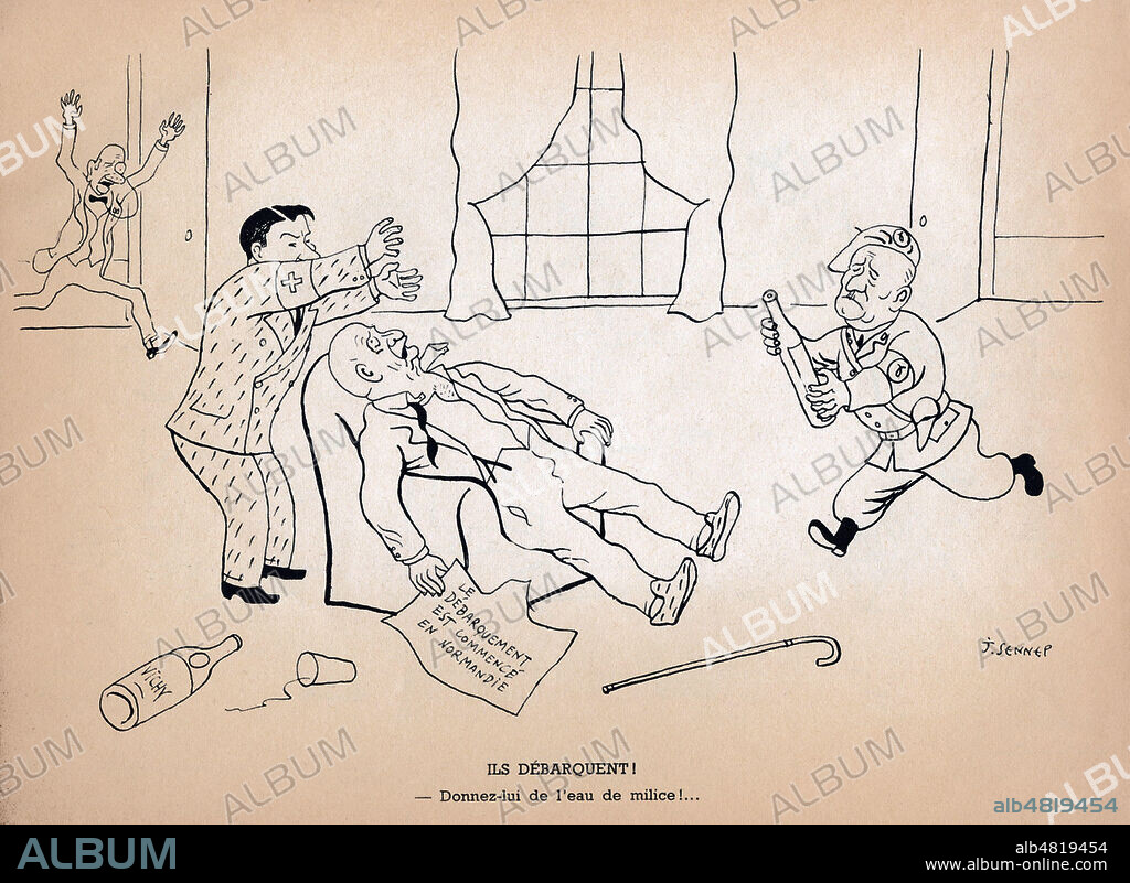 Ils debarquent. Donnez lui de l'eau de milice. Caricature de 1947 par SENNEP (1894-1982) pour Dans l'honneur et la dignite Souvenirs de Vichy. ADAGP. Credit : Collection Jonas/Kharbine-Tapabor.