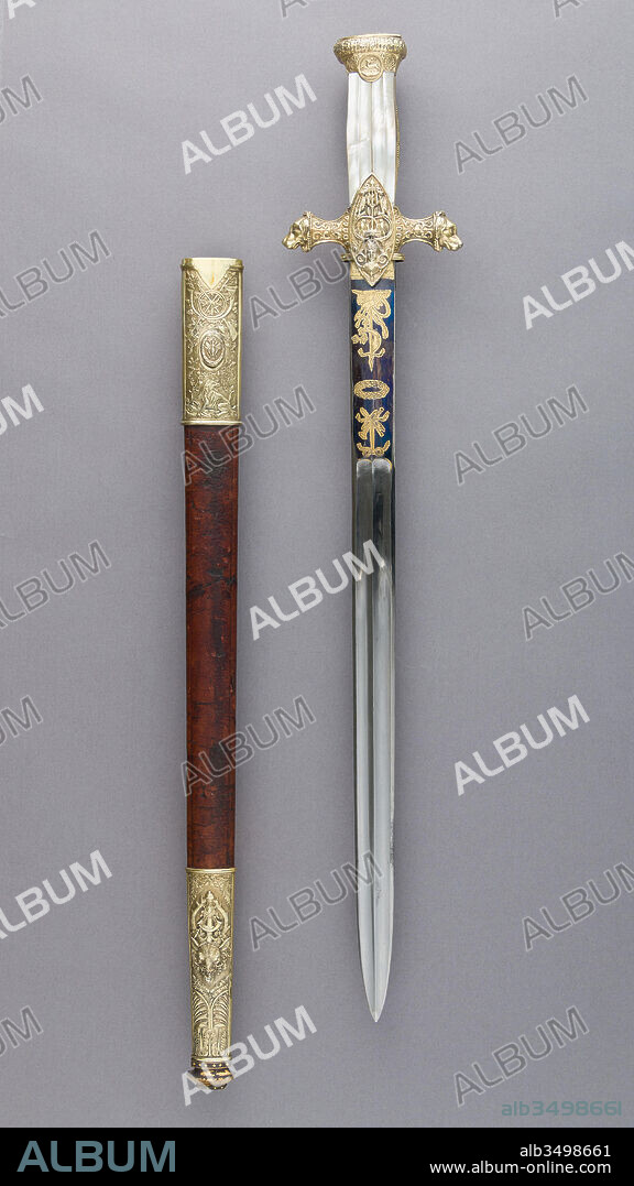 Hunting Sword of Prince Camillo Borghese (1775–1832), 1809–13, Paris, French, Paris, Silver-gilt, steel, leather, mother-of-pearl, L. with scabbard 27 in. (68.6 cm); L. without scabbard 25 7/16 in. (64.6 cm); L. of blade 19 3/4 in. (50.2 cm); W. 4 5/8 in. (11.7 cm); Wt. with scabbard 1 lb. 10 oz. (737 g), Swords-Hunting, François Pirmet (French, Paris, recorded 1779–1818), In addition to the traditional hunting motifs, the decoration includes (on the back of the guard) the monogram of Camillo Borghese (1775–1832), Napoléon's brother-in-law, who served the French cause in Italy.