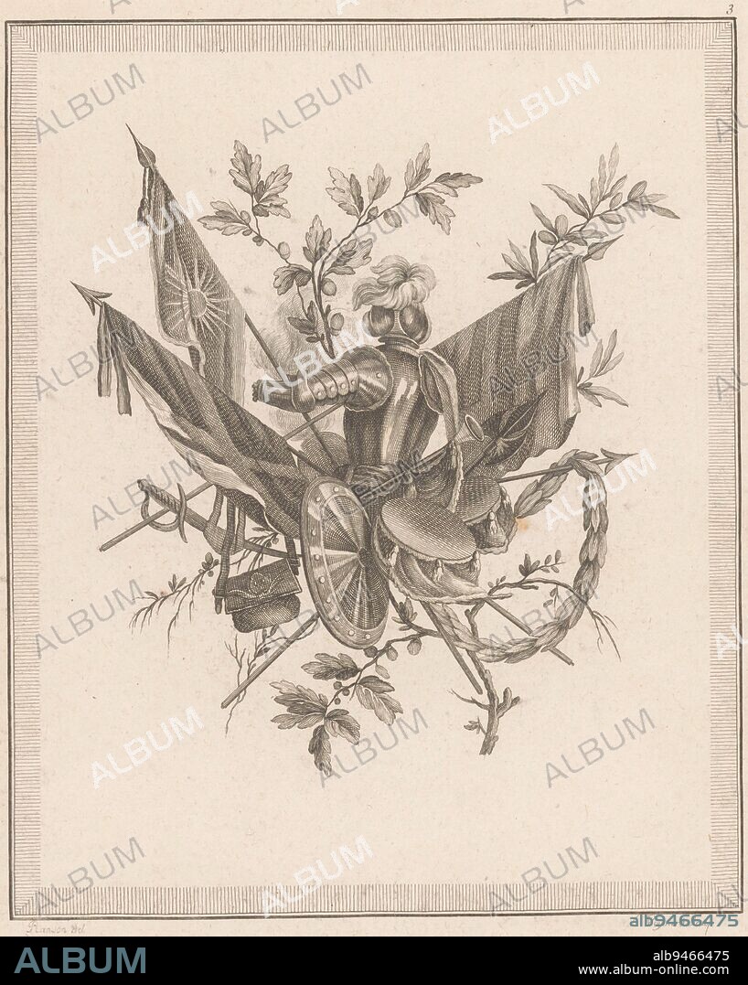 An armorial trophy with flags, an armor, a trumpet and drums, a shield and a bag, Armorial Trophy 3rd Cahier de Troph, print maker: Etienne Claude Voysard, (mentioned on object), intermediary draughtsman: Pierre Ranson, (mentioned on object), publisher: Esnauts & Rapilly, Paris, 1778, paper, etching, h 284 mm × w 222 mm.