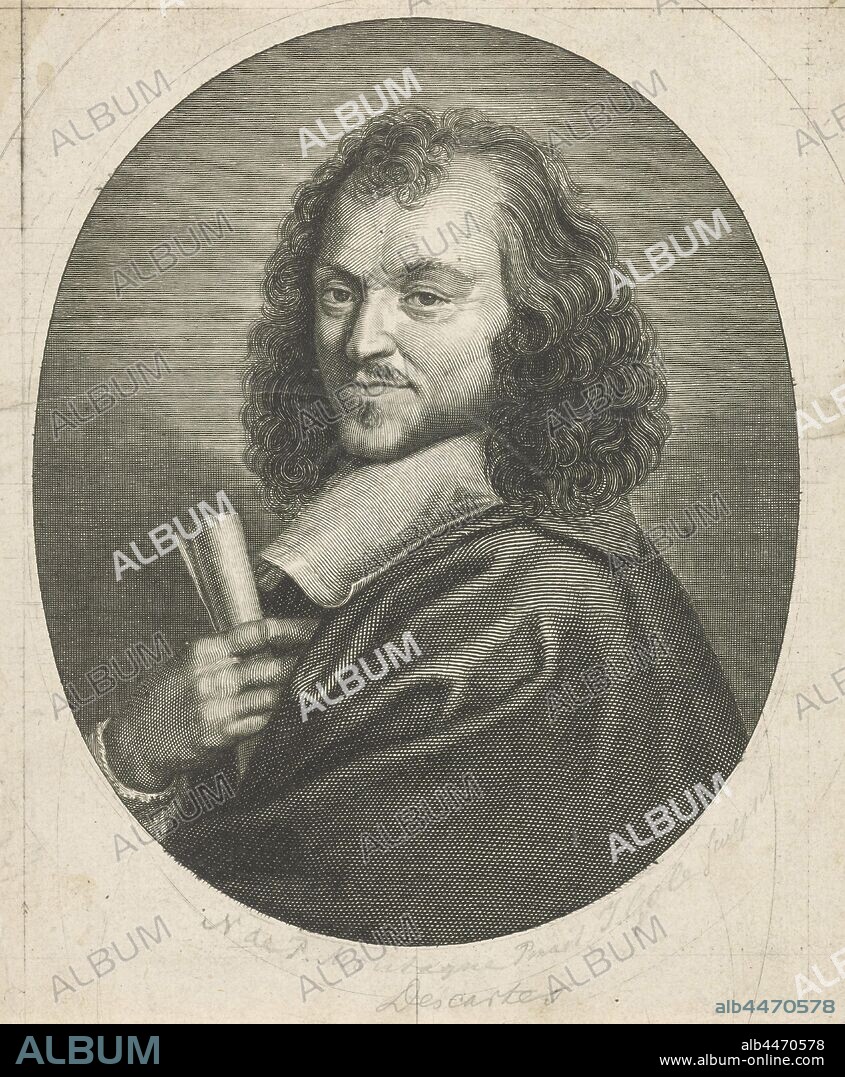 Portrait of René Descartes, Portrait in oval frame of René Descartes, French philosopher and mathematician. Halfway to the left, René Descartes, Jacob Gole, Amsterdam, 1670 - 1724, paper, engraving, h 188 mm × w 156 mm.