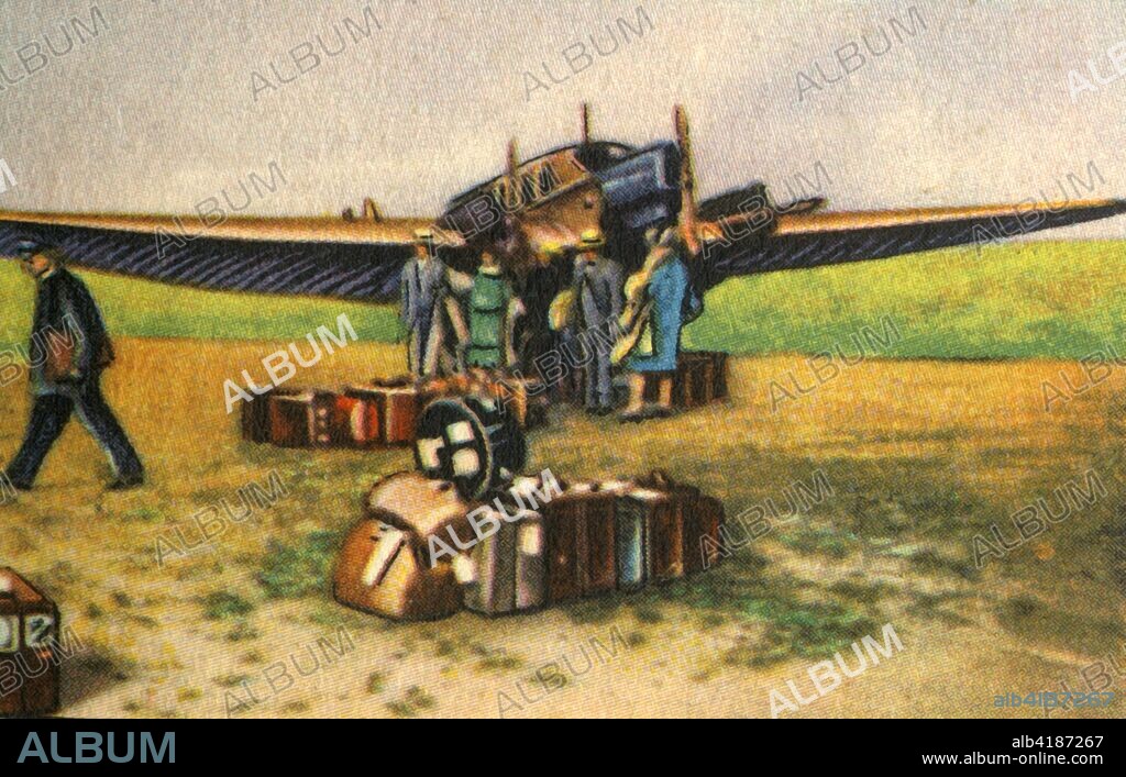Junkers G 24 L passenger plane, 1920s, (1932). German three-engine, all-metal low-wing monoplane aircraft manufactured by Junkers from 1925. From "Die Eroberung Der Luft", (The Conquest of the Air), cigarette card album produced by the Garbáty cigarette factory, 1932. Eugene and Moritz Garbáty, who were Jewish, were driven out of business by the Nazis in the late 1930s, and forced to sell their factory which lay empty for over 70 years. [Garbaty Cigarettenfabrik, Berlin-Pankow, 1932].