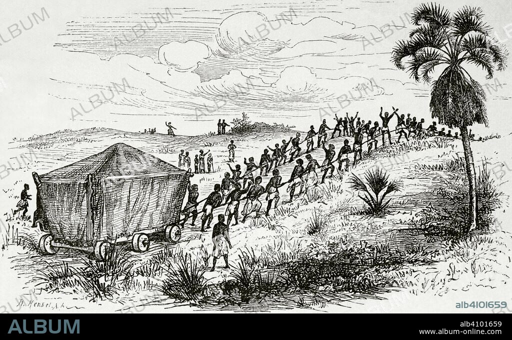 Africa. Reino de Loango (amplia región de las actuales Angola, Congo y Gabón). Entierro de un jefe indígena. Grabado. Africa Inexplorada, El Continente Misterioso, por Henry Morton Stanley, h. 1887. Biblioteca Histórico Militar de Barcelona, Cataluña, España.