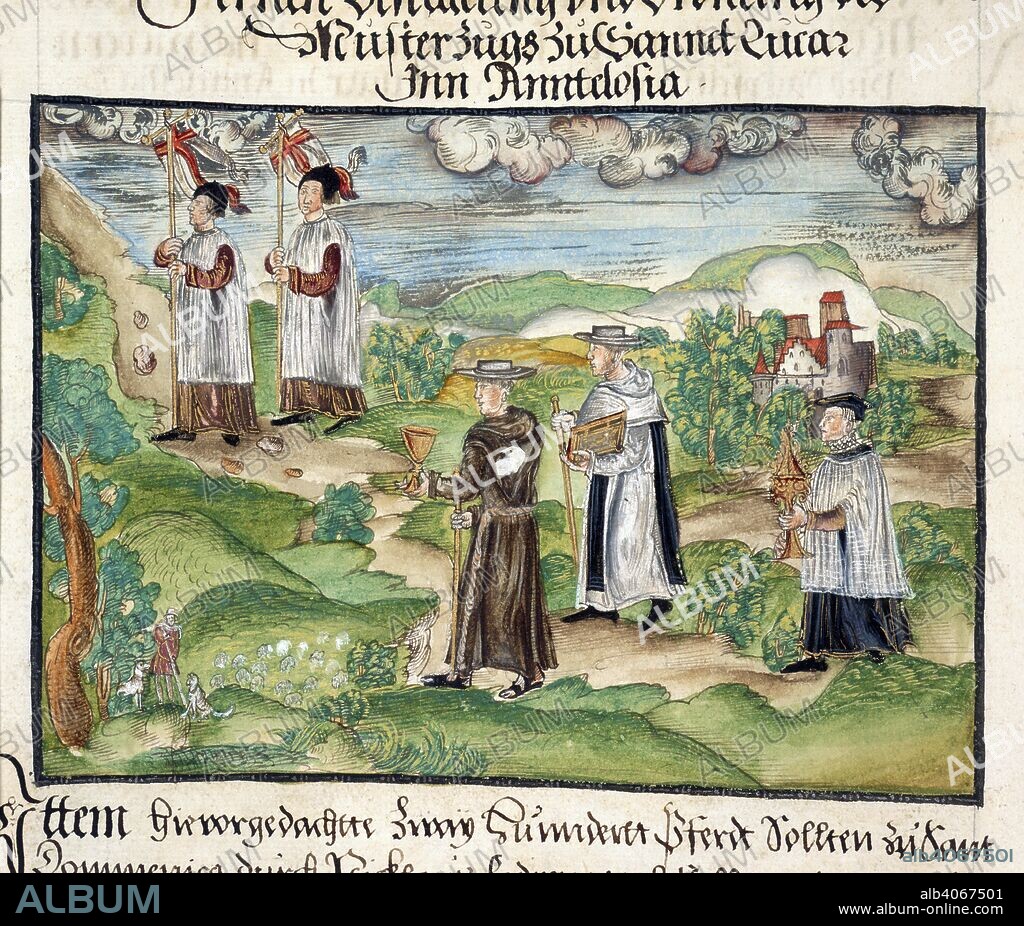 COELER, ALSO KNOWN AS KöLER FAMILY, OF NUREMBERG. Priests and monks carrying banners, chalice, service books and monstrance; part of the preparations at Sanlucar in Andalucia for a proposed expedition to Venezuela. Memoirs, biographical notes and poems, etc., of the Coeler family. Nuremberg, 1560-1632. Source: Add. 15217, f.33v. Language: German.