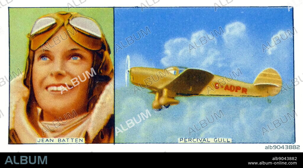 Illustration depicting Jean Batten and her plane Percival Gull. Jean Batten (1909-1982) a New Zealand aviator and record breaker. Dated 20th Century.