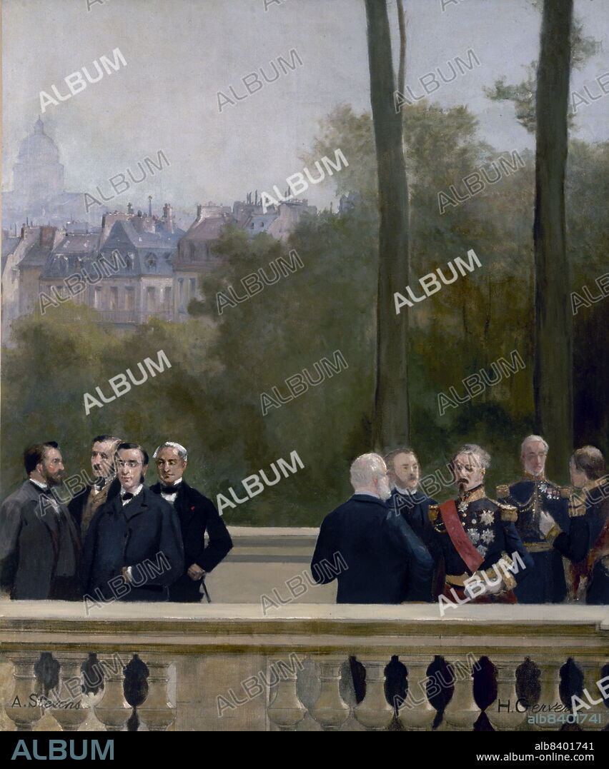 ALFRED STEVENS and HENRI GERVEX. The Panorama of the Century, 1889. Detail representing personalities of the second half of the 19th century. Two groups of politicians, including three in uniform, with Paris in the background. From left to right: Maurice Richard, Prévost Paradol, Emile Ollivier, Schneider, Drouyn de Dhuys, Grammont, Marshal Niel, Admiral de la Gravière, Admiral de Genouilly. (Le Panorama du siècle : groupe d'hommes du XIXe siècle, dont trois en uniforme).