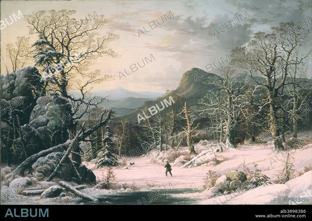 GEORGE HENRY DURRIE. Hunter in Winter Wood. Date/Period: 1860. Width: 67.625 in. Height: 49.25 x d4.25 in (Frame).