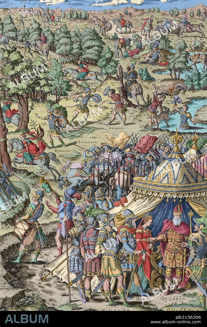 LITERATURA ITALIANA. SIGLOS XV-XVI. ARIOSTO, Ludovico (Ressio Emilia, 1474-Ferrara, 1533). Poeta italiano. "ORLANDO FURIOSO". Poema heróico-comico que consta de cuarenta y seis cantos en octavas. CANTO PRIMERO. Ilustración con todos los personajes del poema épico. Grabado de Girolamo Porro. Coloreado. Edición impresa en Venecia en el año 1583.