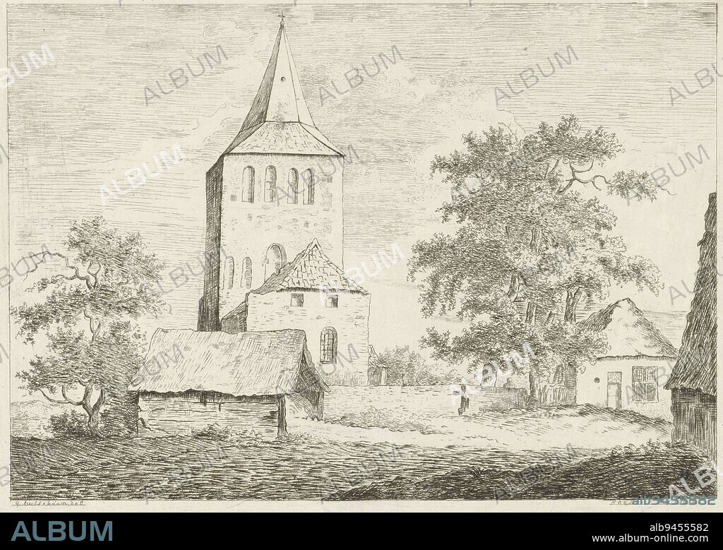 Church with a square steeple. On either side a tree and village houses., Church Tower, print maker: Reinierus Albertus Ludovicus baron van Isendoorn à Blois, (mentioned on object), intermediary draughtsman: G. Hulseboom, (mentioned on object), 1828, paper, etching, engraving, h 134 mm × w 193 mm.