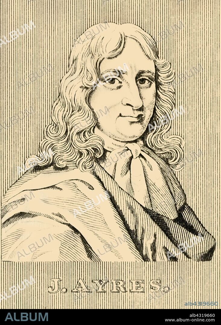 'J. Ayres', (fl. 1680-1700), 1830. John Ayres (fl. 1680-1700) English author, scribe and publisher, knighted in 1689, lord mayor of London 1693-94. From "Biographical Illustrations", by Alfred Howard. [Thomas Tegg, R. Griffin and Co., J. Cumming, London, Glasgow and Dublin, 1830].