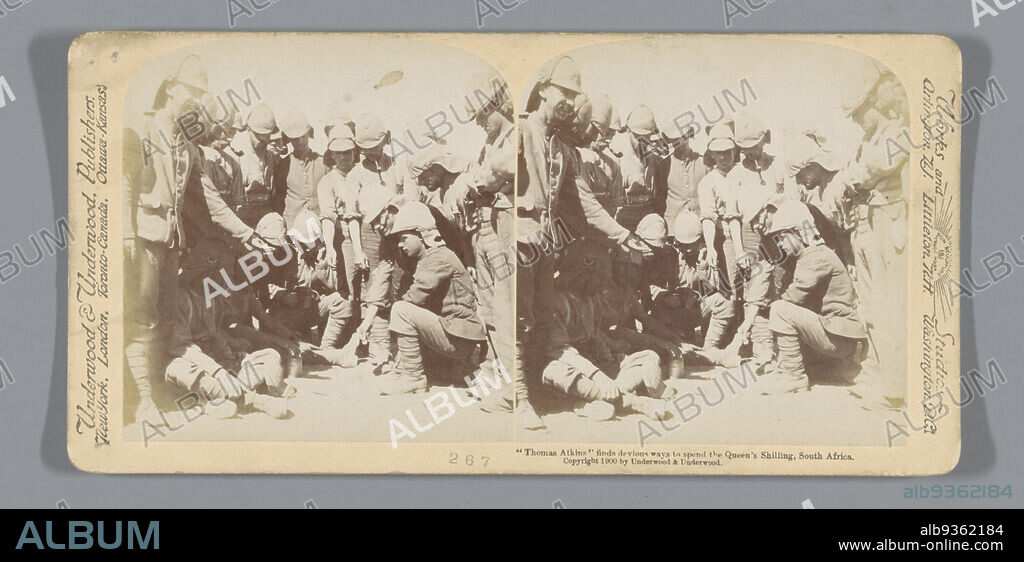British soldiers entertain themselves with games, South Africa Thomas Atkins finds devious ways to spend the Queen's shilling, South Africa (title on object), Thomas Atkins is a nickname for the average British soldier., anonymous, publisher: Underwood and Underwood (mentioned on object), Zuid-Afrika, publisher: New York (city) (possibly), 1900, cardboard, paper, albumen print, height 88 mm × width 177 mm.
