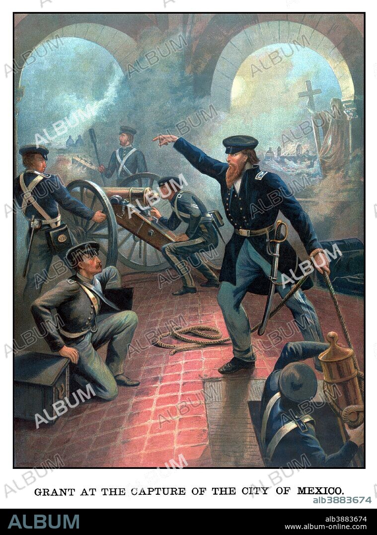 Vintage American History poster of Ulysses S. Grant commanding troops during the Mexican American War. It reads, Grant At The Capture Of The City Of Mexico.