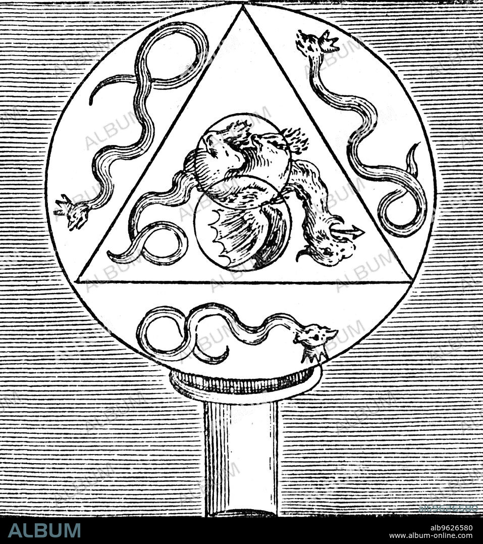 Symbols of the synthesis of the Great Work, 1678. 4 sides=4 elements. 3 serpents=tria prima (sulphur, salt, mercury). 2 circles=masculine and feminine properties. Large circle attached to tube=Hermetic Vase. From Tripus Aureus by Michael Maier, a Latin translation of the legendary 15th century German monk Basil Valentine's book on the Philosopher's Stone, and representing the 7th of the 12 keys to the alchemical process.  (Frankfurt, 1678).