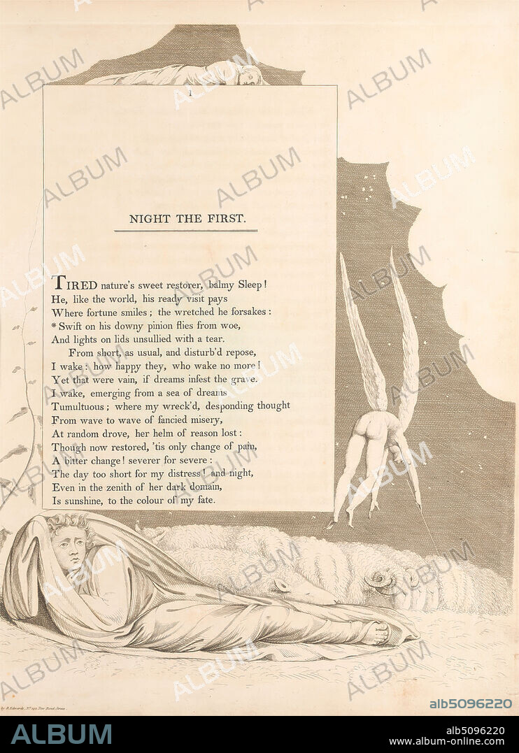 Plate 2 (page 1): 'Swift on his downy pinion flies from woe', William Blake, 17571827, British, Attributed to Edward Young, 16831765, British, 1797, Engraving.