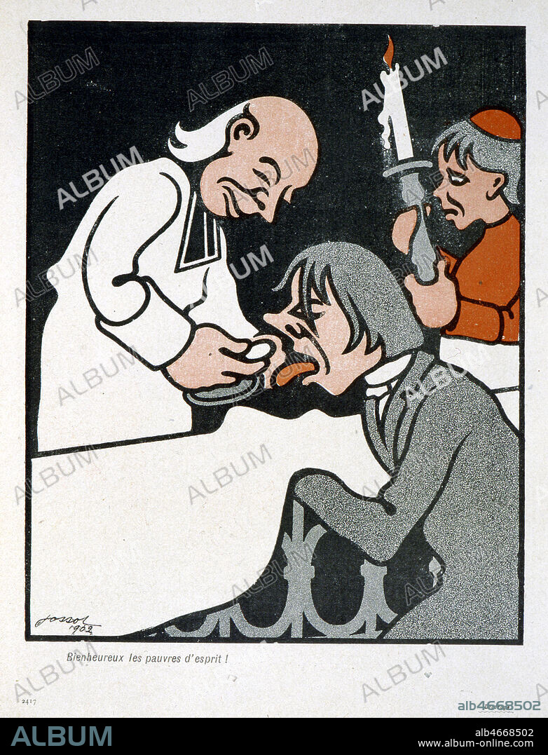 Bienheureux les pauvres d'esprit. Illustration par JOSSOT (1866-1951) pour Dressage dans L'Assiette au Beurre de 1904. Credit : Collection KHARBINE-TAPABOR.