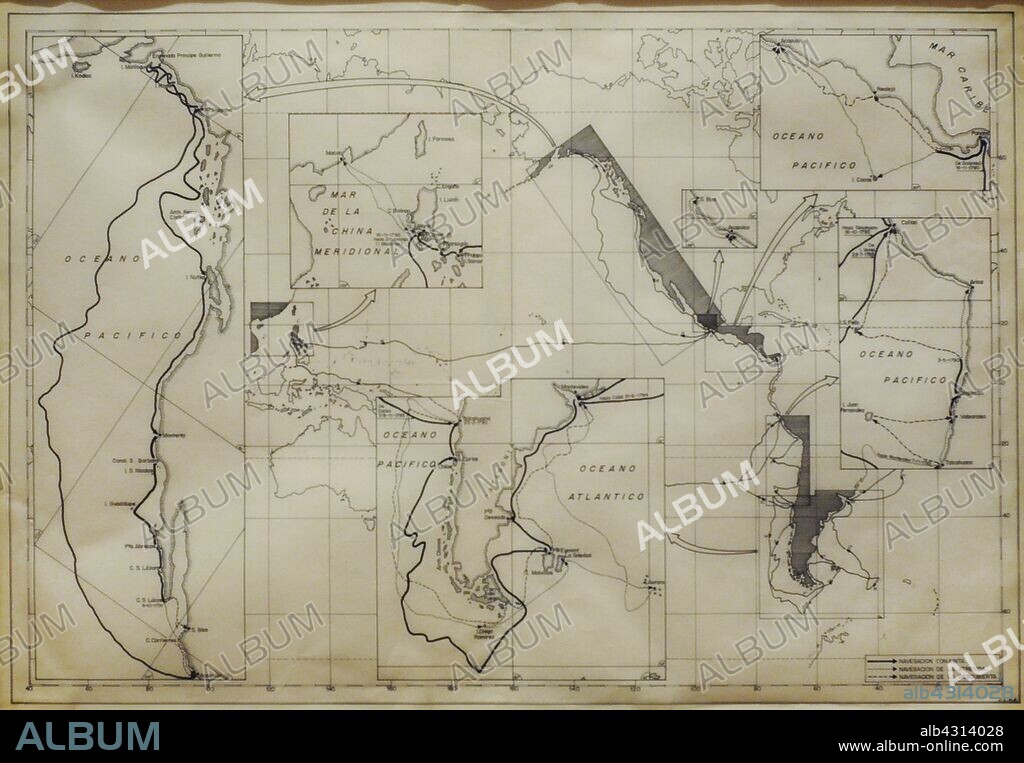 Mapa del recorrido de la expedición científica alrededor del mundo del marino italiano Alejandro Malaspina (1754-1809), entre 1789 y 1794, financiada por Carlos III. Realizado por el delineante del Museo Naval Juan Carlos Martínez Alonso,1988. Museo Naval. Madrid. España.