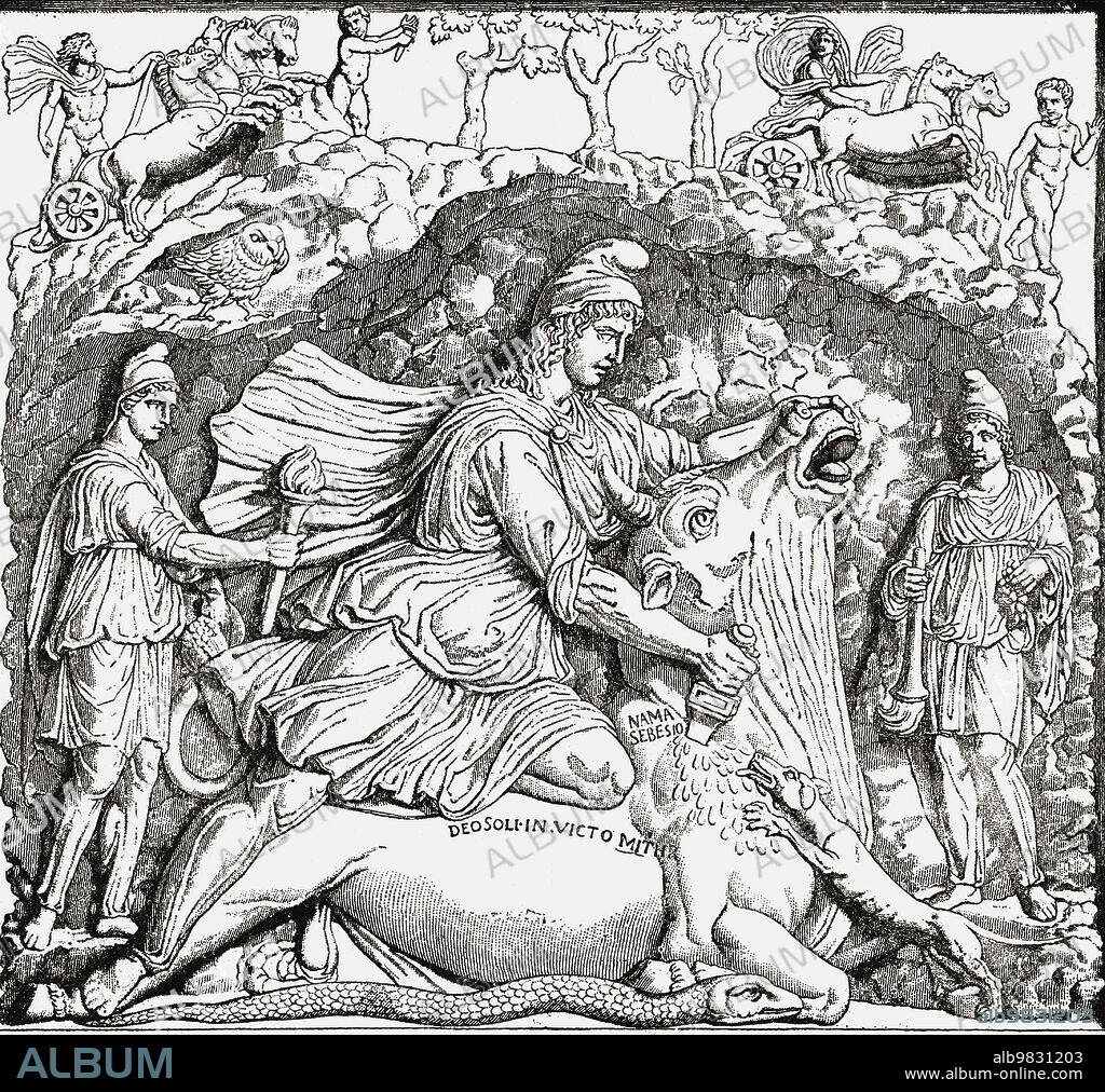 Mithras slaughtering the sacred bull. The Roman mystery religion of Mithraism flourished from the 1st to 4th centuries. A representation of Mithrass slaying of the bull, an act called tauroctony, was the focal point in all mithraeums, or Mithraic religious centres. After a work by an unidentified artist in A Dictionary of Classical Antiquities, by Sir John Edwin Sandys, published 1895.