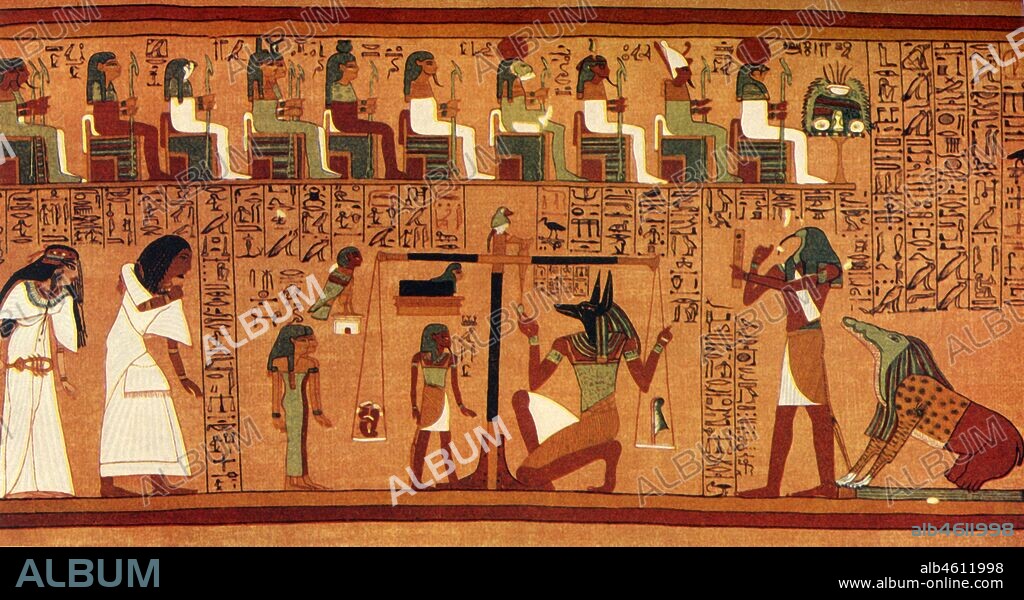 'The Weighing of the Heart', c13th century BC, (1915). In Ancient Egyptian mythology, Maat refers to the concepts of truth, balance, order, harmony, law, morality, and justice. Papyrus of Ani from the Book of the Dead. Ani and his wife Tutu are judged in the afterlife.  Ammut will devour Ani's soul if he is unworthy, while Thoth prepares to record the verdict.  From "The Myths of Ancient Egypt", by Lewis Spence. [George G. Harrap & Co. Ltd., London, 1915].