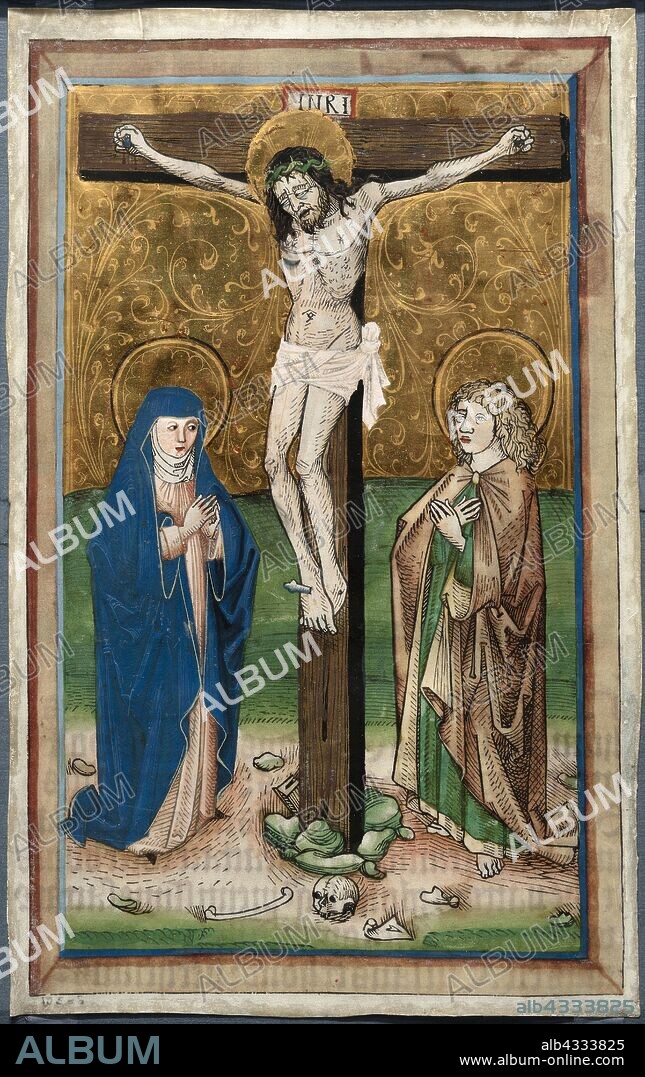 Crucifixion with the Virgin Mary and Saint John (recto), Saint Sebald with the Donors Paul Volkmayr and Sebald Schreyer (verso), c. 1485–90, Unknown Artist, German, 15th century, Germany, Woodcut illuminated on vellum, with miniature on verso, 304 × 189 mm.
