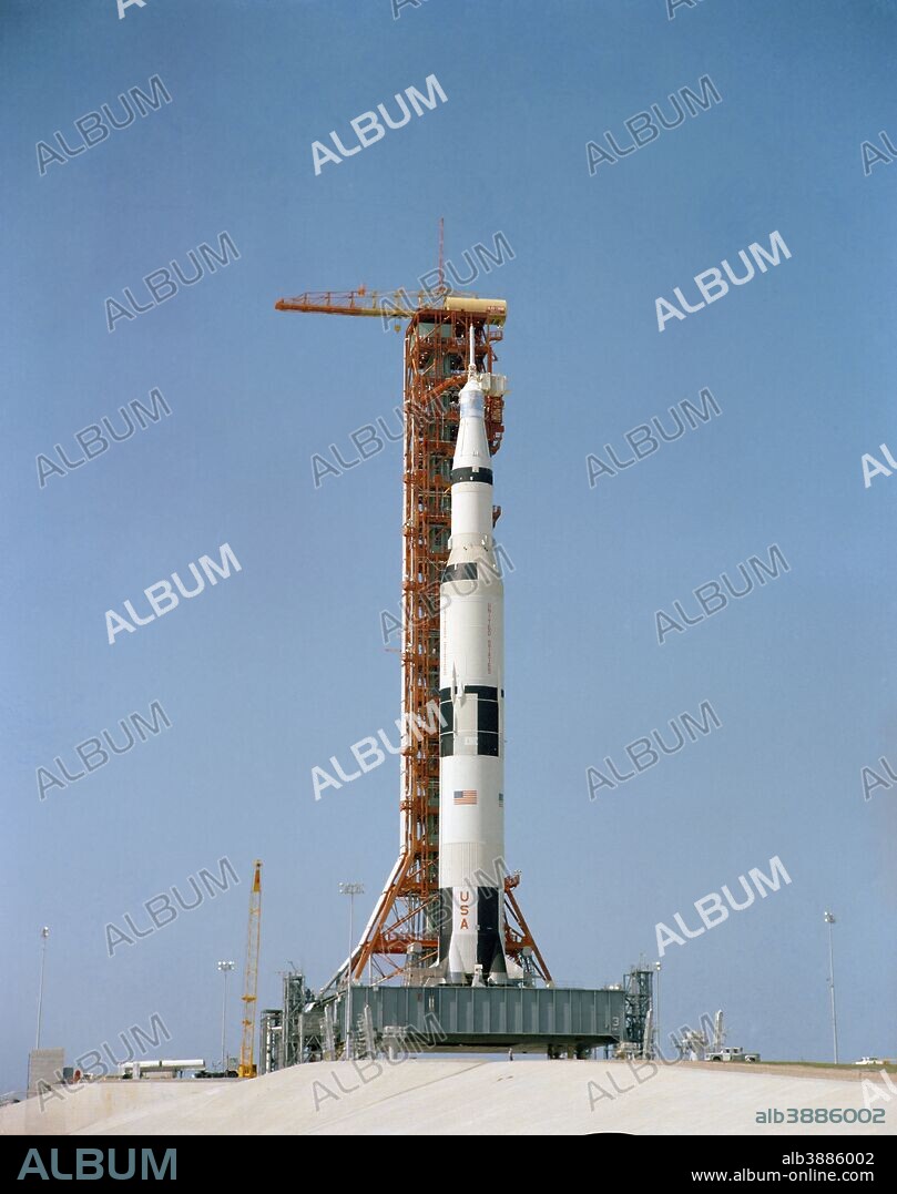 May 4,1969 - Ground-level view of the Apollo 10 (Spacecraft 106/Lunar Module 4/Saturn 505) space vehicle on Launch Complex 39, Kennedy Space Center, Cape Canaveral, Florida. This photograph of the 363-feet tall Apollo/Saturn V stack was taken during Countdown Demonstration Test activity.