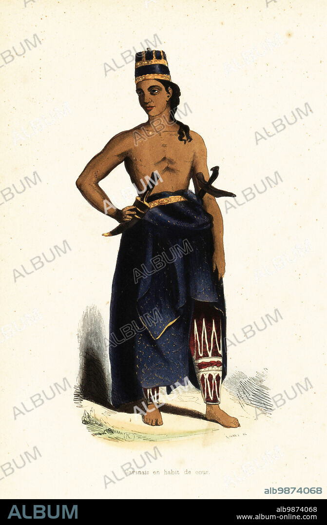 Javanese man in court dress. He wears a kuluk (cap), batik chelana (pantaloons), dodot (sarong cloth), sabuk (waistband), kris (dagger) and wedung (chopper). Javanais en habit de cour. Adapted from a painting by William Daniell in Sir Thomas Raffles History of Java, 1824.. Handcoloured woodcut by AC and Lisbet after William Daniell from Auguste Wahlen's Moeurs, Usages et Costumes de tous les Peuples du Monde, (Manners, Customs and Costumes of all the People of the World) Librairie Historique-Artistique, Brussels, 1845.