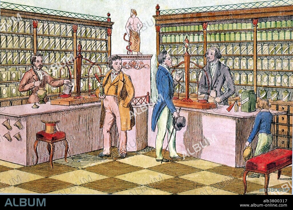 The history of pharmacy as an independent science dates back to the first third of the 19th century. Before then, pharmacy evolved from antiquity as part of medicine. The advances made in the Middle East in botany and chemistry led medicine in medieval Islam substantially to develop pharmacology. In Europe pharmacy-like shops began to appear during the 12th century. In 1240 emperor Frederic II issued a decree by which the physician's and the apothecary's professions were separated. Pharmacy is the science and technique of preparing and dispensing drugs. It is a health profession that links health sciences with chemical sciences and aims to ensure the safe and effective use of pharmaceutical drugs. No artist credited, dated 19th century.