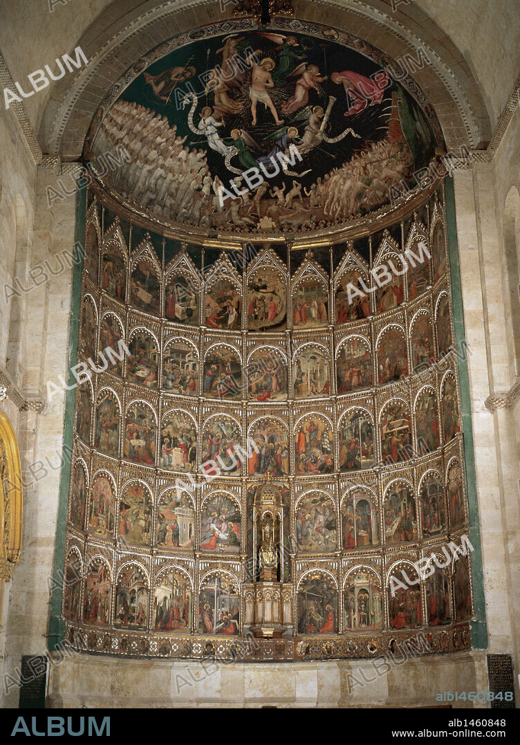 ARTE GOTICO. ESPAÑA. DELLO DELLI (1404-h.1466). Pintor italiano. RETABLO MAYOR DE LA CATEDRAL VIEJA (1440). Formado por tablas que representan la vida de la Sagrada Familia desde la Natividad hasta la Coronación. Iniciado por Delli y concluído por su hermano Nicolás Florentino. SALAMANCA. Castilla-León.