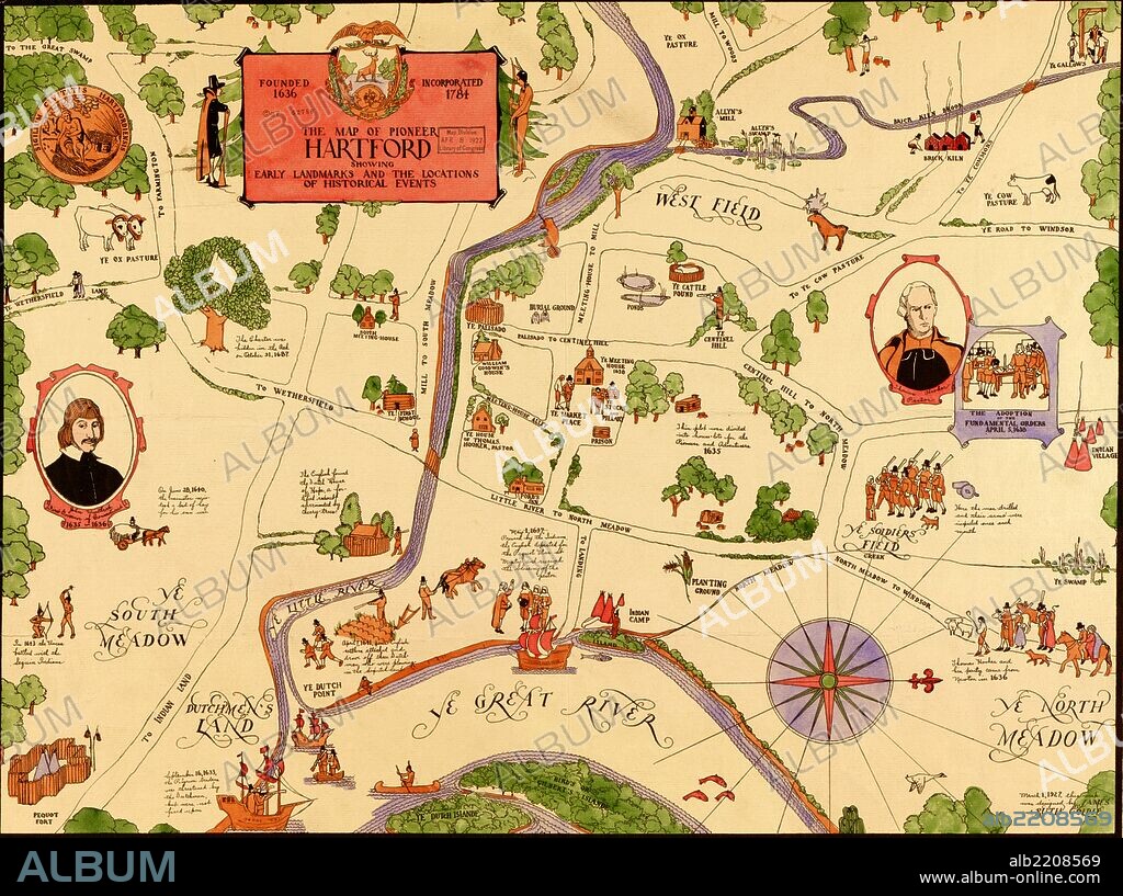 pioneer Hartford : founded 1636, incorporated 1784, showing early landmarks and the locations of historical events.