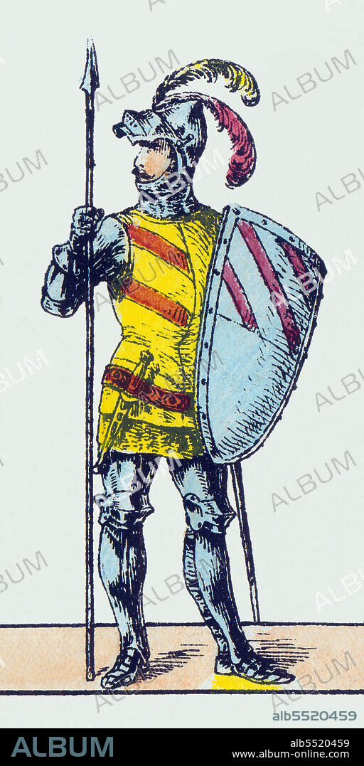 Lámina recortable. Edad Media. Oficial de lanceros de mesnadas realengas. Editado por Litografía de Paluzie. Años 1875.