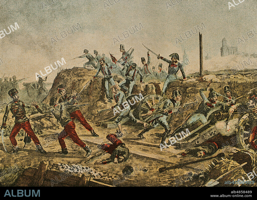 Peninsular War (1808-1814). Second siege of Gerona (24 July to 16 August 1808). In their first attempt to take the city, Duhesme's troops finally had to retreat, attacked by a Spanish army that came to the city's rescue and by a column of the besieged, who made a sortie. In the second siege, the French, commanded by General Honoré Charles Reille (1775-1860), planned a new attack but failed to take the city. The Napoleonic troops led by Guillaume Philibert Duhesme, were defeated. Sortie of the garrison of Gerona. Chromolithography. El Grito de Independencia (The scream for independence), by Carlos Mendoza. Published in Barcelona, 1890.