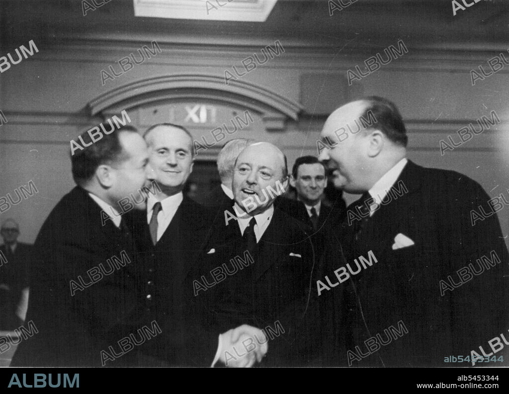 United Nations Assembly, London, 1946 -- M. Spaak, the Belgian Foreign Minister, was elected President of the Assembly. Here he is being congratulated by a colleague. March 24, 1948. (Photo by Pictorial Press).