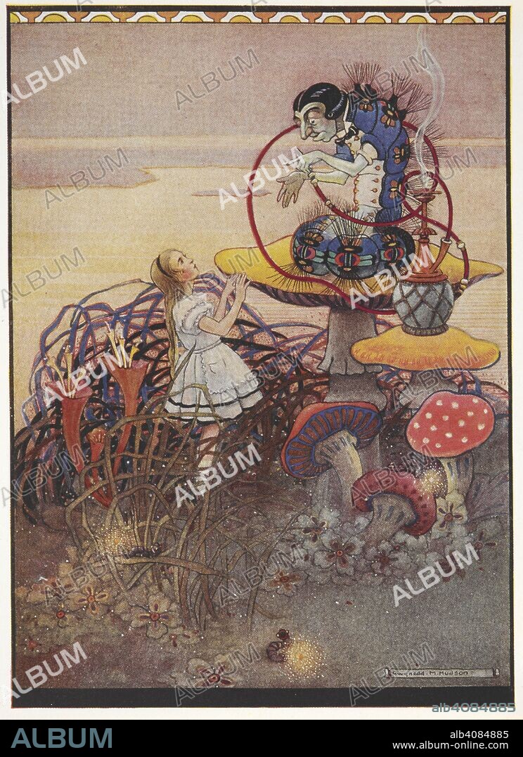 LEWIS PSEUD. [I. E. CHARLES LUTWIDGE DODGSON] CARROLL and GWYNEDD M. HUDSON. Alice talking to the Blue Caterpillar who is sitting on top of a giant mushroom, smoking a pipe. . Alice's adventures in wonderland / by Lewis Carroll ; illustrated by Gwynedd M. Hudson. [London?] : Hodder and Stoughton, [1922?]. 'Advice from a Caterpillar'. Source: YA.1997.b.4119 opposite page 64.