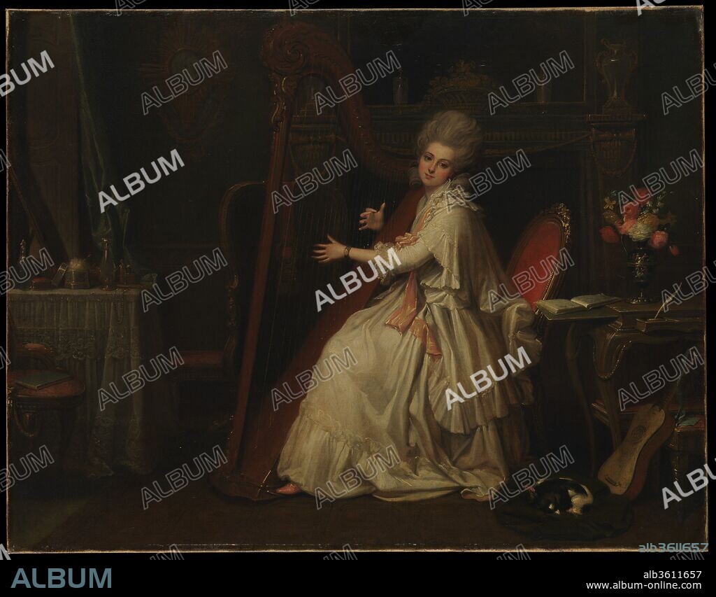 Marianne Dorothy Harland (1759-1785), Later Mrs. William Dalrymple. Artist: Richard Cosway (British, Oakford, Devon 1742-1821 London). Dimensions: 28 x 36 1/8 in. (71.1 x 91.8 cm).
Cosway was a successful miniaturist. His few oil paintings focus on the figure and are small in scale and highly finished. This one was exhibited at the the Royal Academy in 1779 as "A Lady Playing on the Harp.".