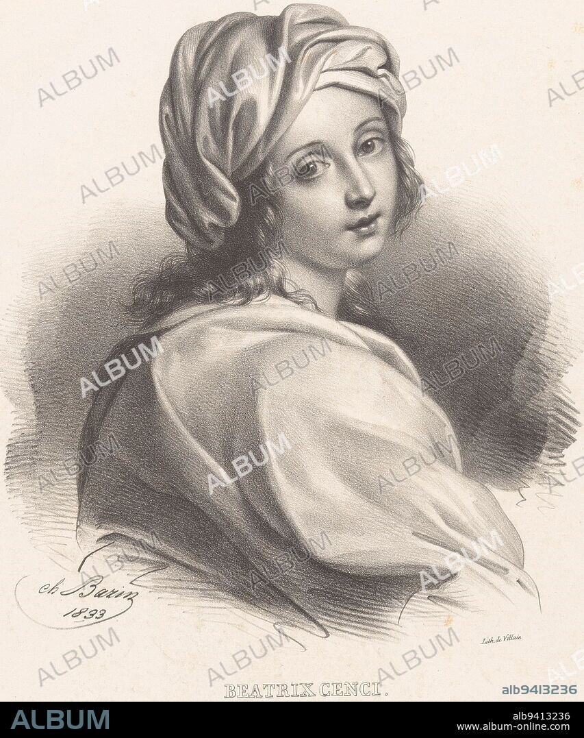 Portrait of the Roman noblewoman Beatrice Cenci , print maker: Charles Louis Bazin, (mentioned on object), after: Guido Reni, (mentioned on object), printer: François Jean Villain, (mentioned on object), Paris, 1833, paper, h 500 mm × w 368 mm.