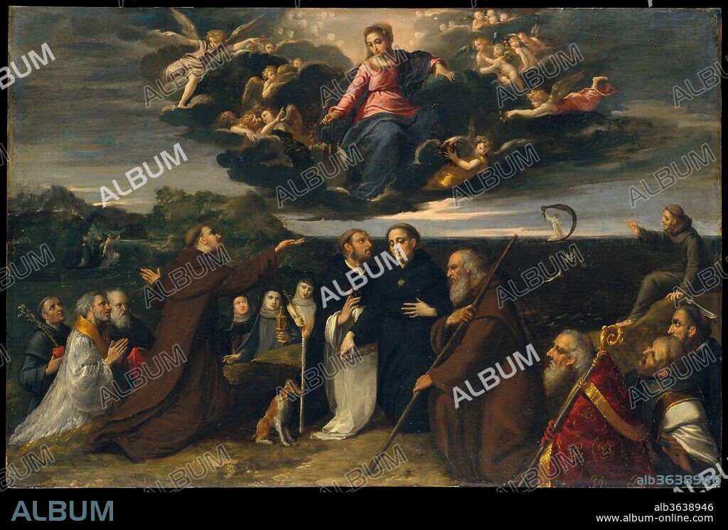 The Virgin Adored by Saints. Artist: Scarsellino (Ippolito Scarsella) (Italian, Ferrarese, ca. 1550-1620). Dimensions: 19 1/4 x 29 1/4 in. (48.9 x 74.3 cm). Date: ca. 1609.
This picture shows the Virgin bestowing the scapular--a small piece of cloth symbolic of the yoke of Christ--on Saint Simon Stock, the English Carmelite who had a vision of this occurrence. Two donors kneel in the left middle distance with Saint Anthony of Padua. Among the other saints can be recognized Clare and Catherine of Siena, Dominic (with a dog holding a candle in his mouth), Nicholas of Tolentino (a sunburst on his habit), Peter Martyr (with a knife in his head), Francis (preaching on the shore to birds), and Raymond of Peñaforte (sailing across the sea with a banner as a sail).