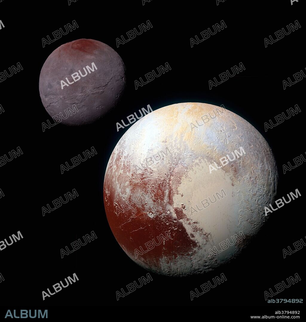 This composite of enhanced color images of Pluto (lower right) and Charon (upper left), was taken by NASA's New Horizons spacecraft as it passed through the Pluto system on July 14, 2015. This image highlights the striking differences between Pluto and Charon. The color and brightness of both Pluto and Charon have been processed identically to allow direct comparison of their surface properties, and to highlight the similarity between Charon's polar red terrain and Pluto's equatorial red terrain. Pluto and Charon are shown with approximately correct relative sizes, but their true separation is not to scale. The image combines blue, red and infrared images taken by the spacecraft's Ralph/Multispectral Visual Imaging Camera (MVIC).
