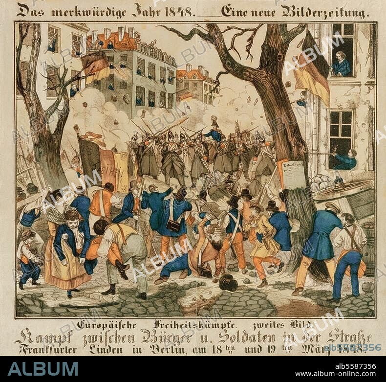 ANONYM. Revolution 1848/49: Straßenkämpfe in Berlin am 18./19. März 1848. "Kampf zwischen Bürger u. Soldaten in der Straße Frankfurter Linden in Berlin am 18. und 19. März 1848". Zeitgen. Lithographie, koloriert. Neuruppiner Bilderbogen Nr. 2031. Aus der Folge: Das merkwürdige Jahr. 1848, Eine neue Bilderzeitung. Neuruppin, Heimatmuseum.