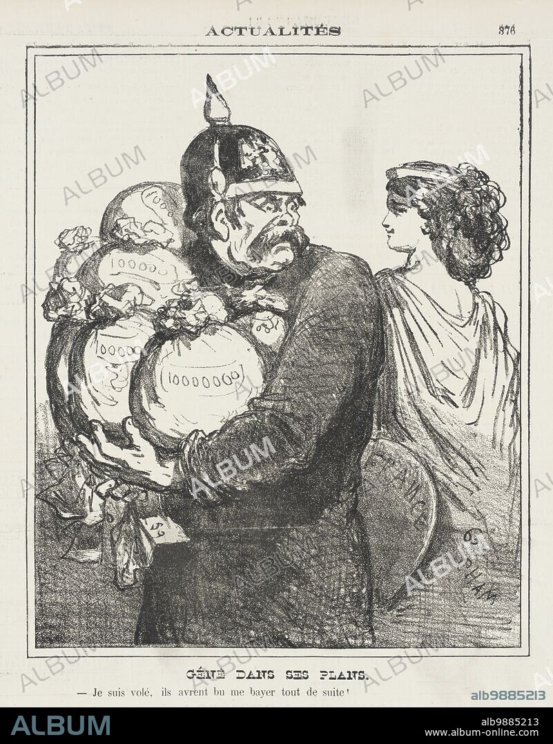 CHAM. Gêné dans ses plans. Gêné dans ses plans., ils aurent bu me bayer tout de suite!, 1871. Series: Actualités; Periodical: Le Charivari, Friday, 14 July 1871. Embarrassed in his plans. I'm robbed, they'd have drunk me right away!.