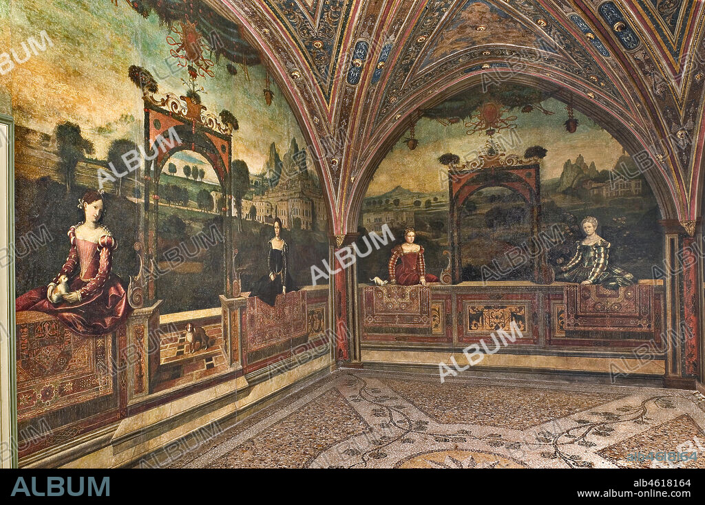 Brescia, Palazzo Martinengo Salvadego: detail of the Small Room of the Noble Ladies. The decoration was commissioned by Gerolamo Martinengo da Padernello on the occasion of his wedding with Eleonora Gonzaga, celebrated on February 4, 1543. Oil paintings on canvas glued to the walls, by Alessandro Bonvicino called "Il Moretto", (1543-1546).