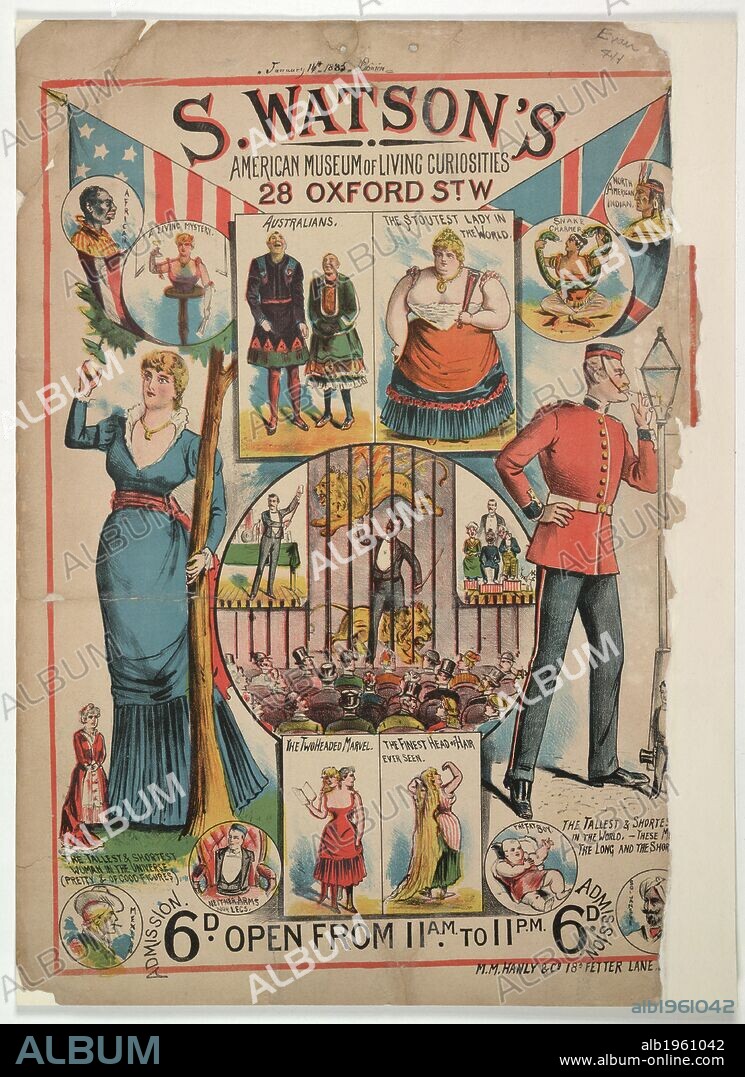 S. Watson's American Museum of Living Curiosities, 28 Oxford Street, Westminster. 1885. . A collection of pamphlets, handbills, and miscellaneous printed matter. Originally published/produced in London, 1800 - 1895. Image taken from A collection of pamphlets, handbills, and miscellaneous printed matter relating to Victorian entertainment and everyday life. Originally published/produced in London, 1800 - 1895. Source: Evan.411. Language: English.