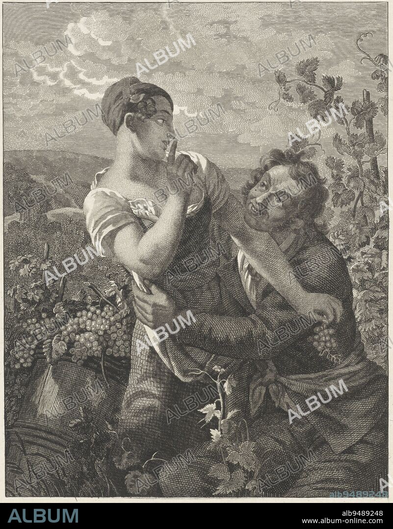 While picking grapes, a man grabs a young woman around the waist. She addresses him with a raised finger, Vineyarder in Love., print maker: anonymous, after: Peter Paul Joseph Noël, print maker: Low Countries, after: Southern Netherlands, 1817 - 1867, paper, steel engraving, h 276 mm × w 221 mm.