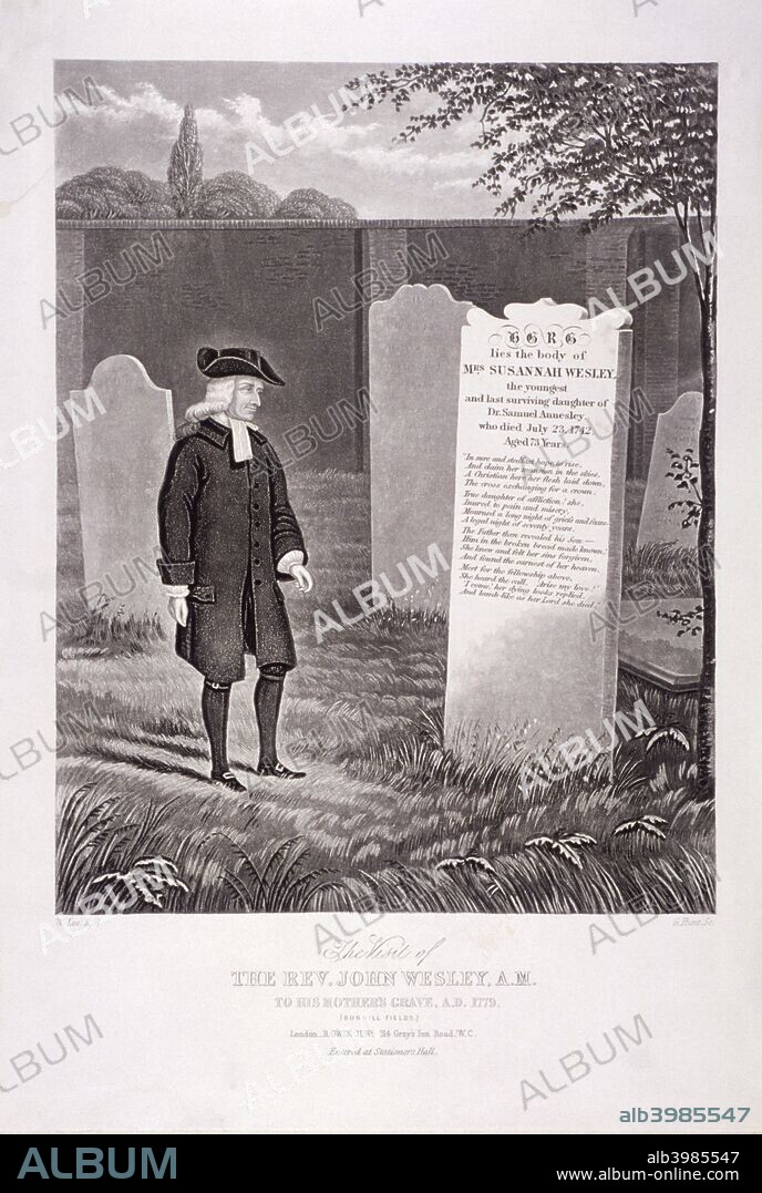 John Wesley visiting his mother's grave in 1779, Bunhill Fields, Finsbury, London, (c1850). Wesley, wearing a tricorn hat, stands contemplating the poem on his mother's headstone.