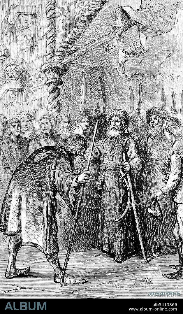 Niccolo Polo (1230-1294) and Maffeo Polo (1230-1309) were Italian merchants best known as the father and uncle of the explorer Marco Polo. The brothers established trading posts in Constantinople, Sudak in Crimea, and in a western part of the Mongol Empire in Asia. They reached modern-day China before returning to deliver a message from Kublai Khan to the Pope. Taking Marco with them, the Polos then made another journey through Asia. Illustration from Marco Polo; his travels and adventures by George Makepeace Towle, 1880 (cropped and cleaned).