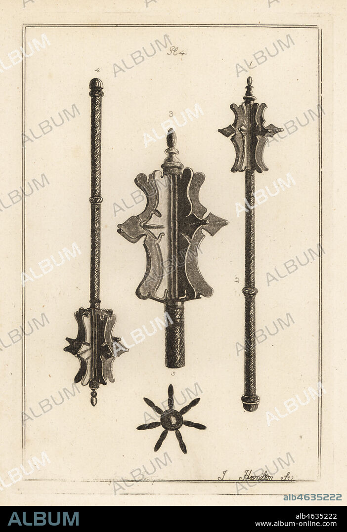 Ancient iron mace in the collection of Gustavus Brander. Copperplate engraving by J. Hamilton from Francis Grose's Military Antiquities respecting a History of the English Army, Stockdale, London, 1812.