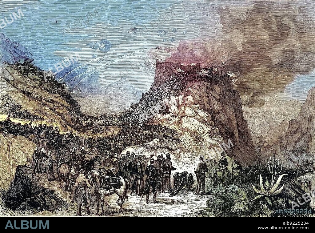 Capture of the fortress of Magdala by English troops. The Battle of Magdala took place on 13 April 1868 and was the final point of the British Ethiopian Expedition of 1867-68, Historical, digitally restored reproduction of a 19th century original.